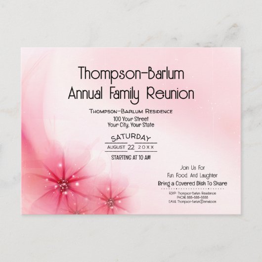 Wiedersehen-Einladungen für die Rosa-Flora-Familie Postkarte (Vorderseite)