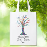 Wiedersehen Family Tree Lebensmitteltasche Wiederverwendbare Einkaufstasche<br><div class="desc">Diese Familie Wiedersehen Wiederverwendbare Lebensmitteltaschen sind mit einem Mosaikbaum in den Farben des Regenbogens dekoriert. Passen Sie sie mit Ihrem Familiennamen und dem Jahr Ihrer Wiedersehen an. Weil wir unsere eigenen Kunstwerke erstellen,  werden Sie dieses exakte Bild von anderen Designern nicht finden. Original Mosaik und Wasserfarbe © Michele Davies.</div>