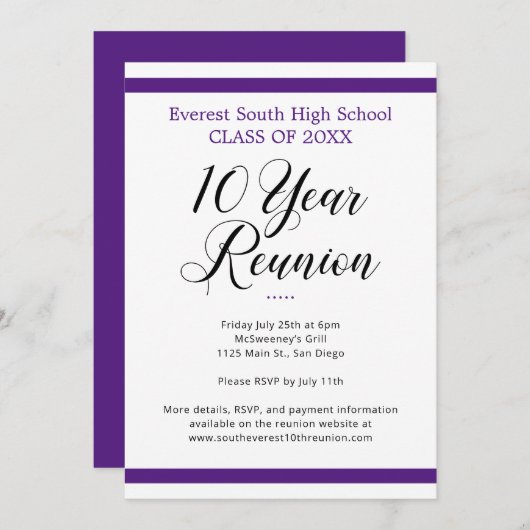 Wiedersehen in der 10-jährigen Klasse lila und wei Einladung (Vorne/Hinten)