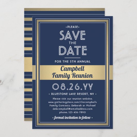 Wiedersehen Moderne Elegant Navy Blue Gold White Save The Date (Vorne/Hinten)