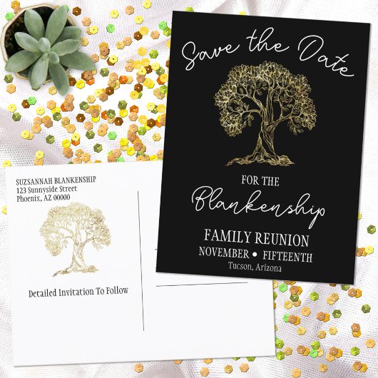 Wiedersehen Save the Date Gold Tree Artwork Ankündigungspostkarte