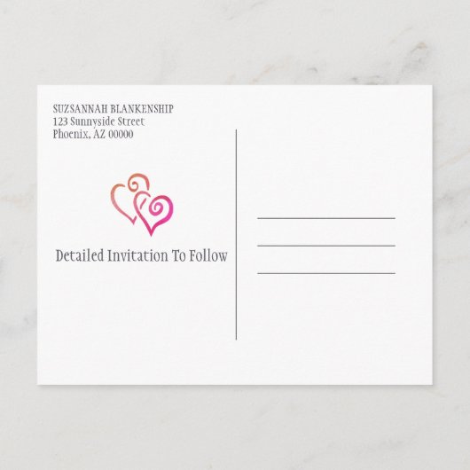 Wiedersehen Save the Date Orange Pink Heart Ankündigungspostkarte (Rückseite)