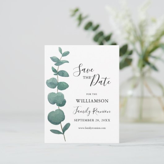 Wiedersehen Save the Date Postkarte der Eucalyptus (Stehend Vorderseite)