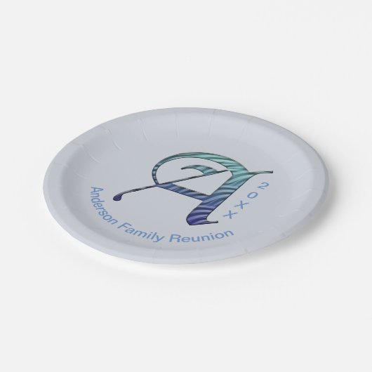 Wiedersehen Unique Blue Letter A Monogramm Pappteller (Schrägansicht)
