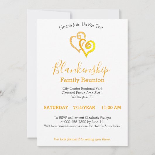 Wiedersehen-Vorlage für gelbe verknüpfte Herzklopf Einladung (Vorderseite)