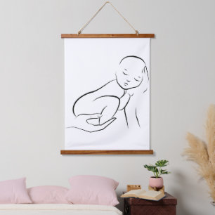 Wiegen der Unschuld – Minimalistische Baby-Linienk Wandteppich Mit Holzrahmen