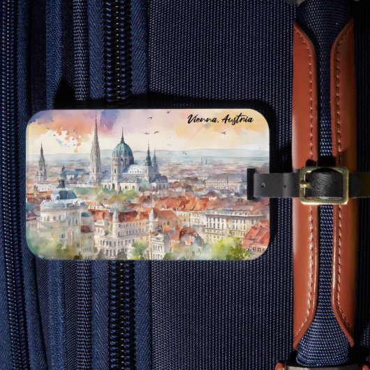 Wien Österreich Aquarellmalerei Panoramasicht Gepäckanhänger (Vorderseite Insitu 4)