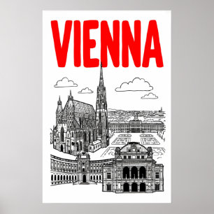 Wien Stadtansicht Poster, roter Text, schwarze Lin Poster
