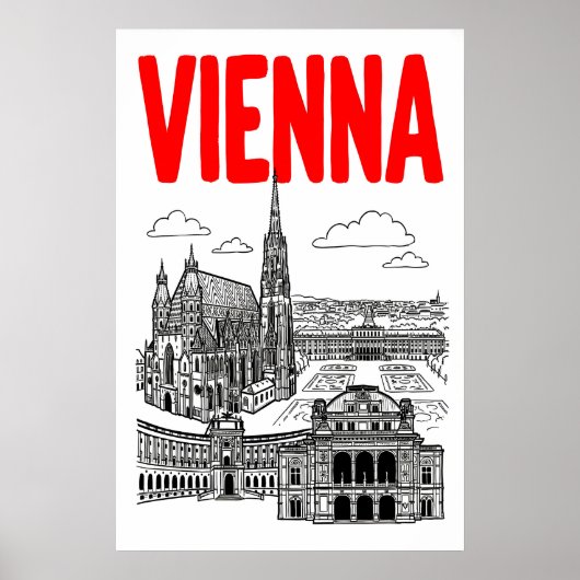 Wien Stadtansicht Poster, roter Text, schwarze Lin Poster (Vorne)