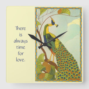 Wiener Kunst Nouveau Pfau Quadratische Wanduhr