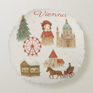 Wiener Weihnachtsaquarell – Gemütlicher Winter Öst Rundes Kissen