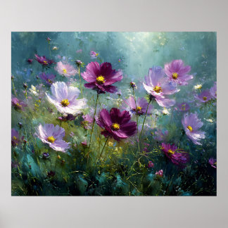 Wiese mit blühenden violetten Wildblumen Poster
