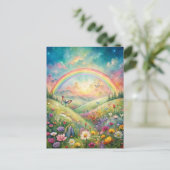 Wiese mit Blume und Schmetterlingen und Regenbogen Postkarte (Stehend Vorderseite)