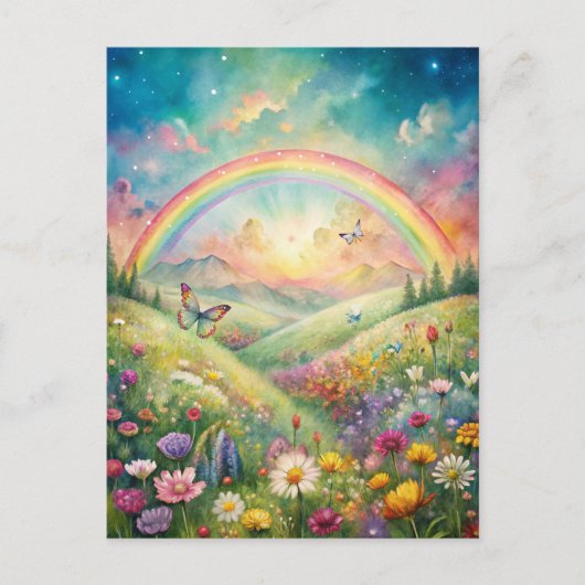Wiese mit Blume und Schmetterlingen und Regenbogen Postkarte (Vorderseite)