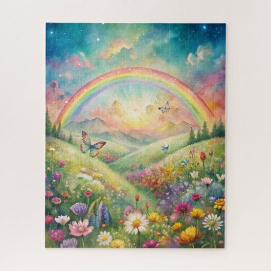 Wiese mit Blume und Schmetterlingen und Regenbogen Puzzle (Vertikal)