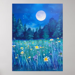 Wiese und Wald unter Vollmond Poster