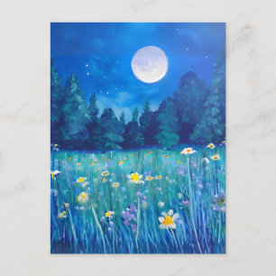 Wiese und Wald unter Vollmond Postkarte