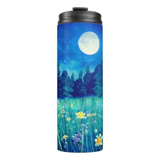 Wiese und Wald unter Vollmond Thermosbecher (Vorderseite)