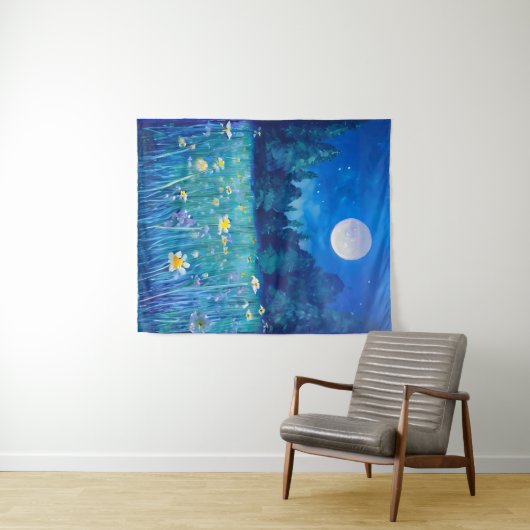 Wiese und Wald unter Vollmond Wandteppich (Beispiel (Horizontal))