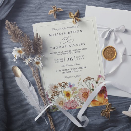 Wiesen-Boho-Wildblumen-Rustikale-QR-Code-Hochzeit Einladung