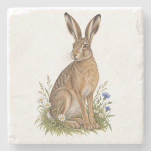 Wiesen Hase neben weißen Gänseblümchen und blauen  Steinuntersetzer