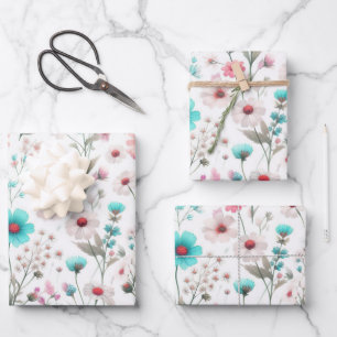 Wiesen mit Wildblumen weiß, grün, blau, braun, tür Geschenkpapier Set