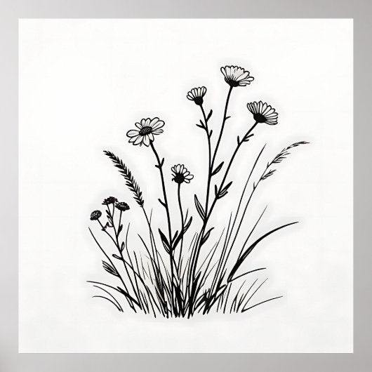 Wiesenblumen-Margeriten Linienkunst Poster (Vorne)