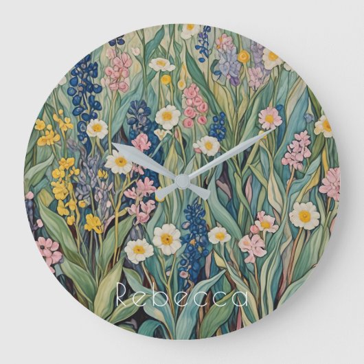 Wiesenweiher: Pastellfarben-Wildblumen Große Wanduhr (Vorderseite)