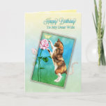 Wife, Happy Birthday with a playful cat Karte<br><div class="desc">A cute calico cats play at chasing a yellow butterfly that has landed on a red rose.An extra special card for a cat lover. Copyright Norma Cornes.</div>