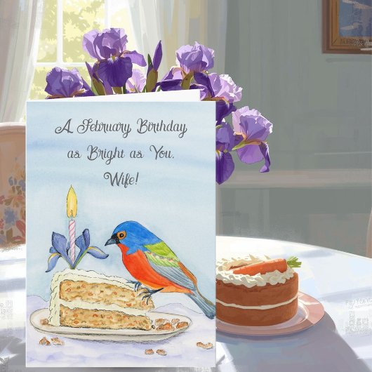 Wife Happy February Birthday Painted Bunting Karte
