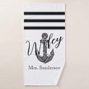 Wifey Bride Nautical Monogram Schwarz-weiß Anchor Badehandtuch