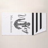 Wifey Bride Nautical Monogram Schwarz-weiß Anchor Badehandtuch (Badehandtuch)