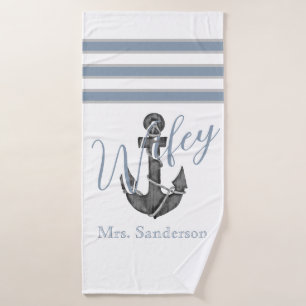 Wifey Nautical Monogram Dusty Blue Anchor Beach Badehandtuch