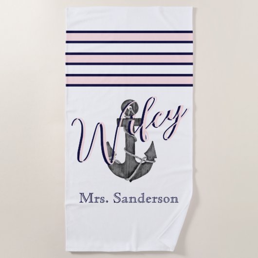 Wifey Nautical Monogram Pink Navy Blue Anchor Strandtuch (Vorderseite)