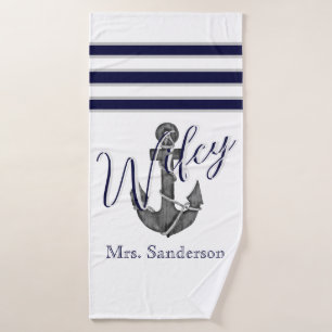 Wifey Nautical White and Navy Blue Anchor Beach Badehandtuch