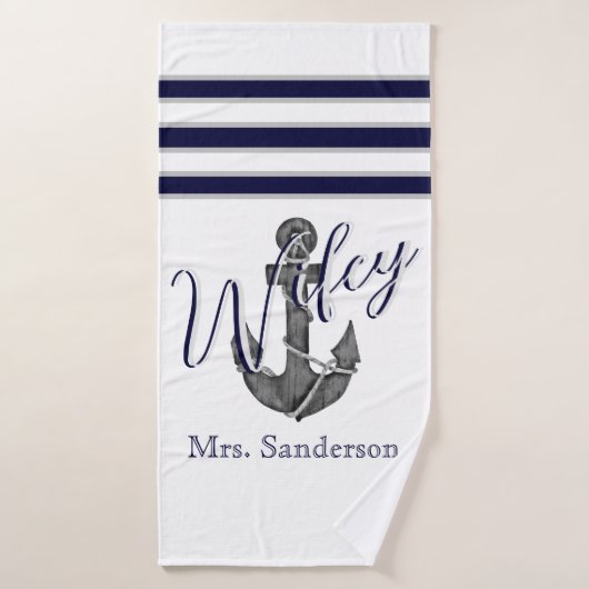 Wifey Nautical White and Navy Blue Anchor Beach Badehandtuch (Badehandtuch)