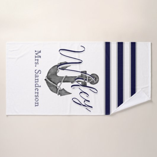 Wifey Nautical White and Navy Blue Anchor Beach Badehandtuch (Badehandtuch)