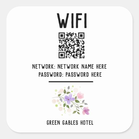 WiFi-Code mit QR-Code und Blumendesign Quadratischer Aufkleber (Vorderseite)