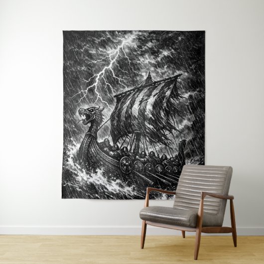 Wikinger-Langschiff im Sturm — Ink Saga Art Wandteppich (Beispiel)