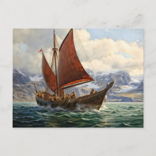 Wikingerschiff segelt auf nördlicher See. Isländis Postkarte