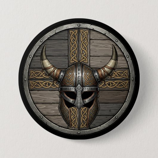 Wikingerschild mit gehörntem Helm Button (Vorderseite)