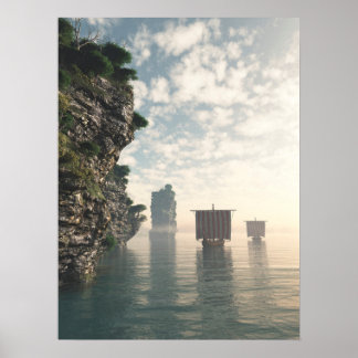 Wikinglongships in unbekannten Gewässern Poster