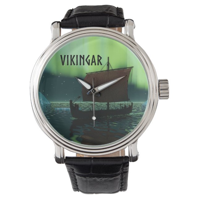 Wikingschiff und Nordlichter Armbanduhr (Vorderseite)