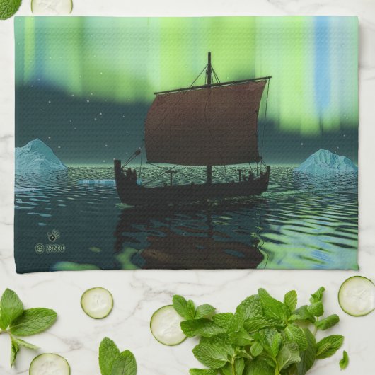 Wikingschiff und Nordlichter Geschirrtuch (Gefaltet)
