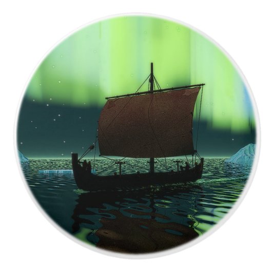 Wikingschiff und Nordlichter Keramikknauf (Vorderseite)