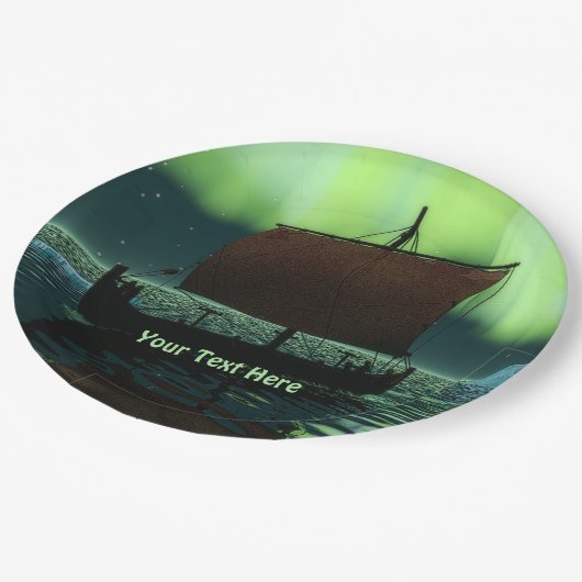 Wikingschiff und Nordlichter Pappteller (Schrägansicht)