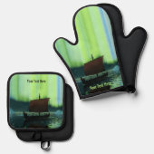 Wikingschiff unter Nordlicht Ofenhandschuh & Topflappen-Set (Vorderseite/Rückseite)