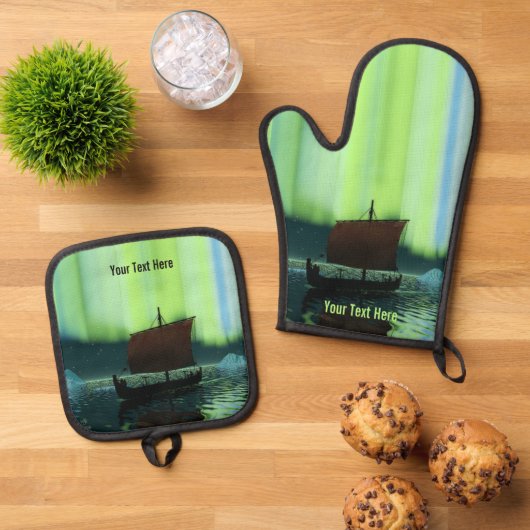 Wikingschiff unter Nordlicht Ofenhandschuh & Topflappen-Set (Oben Unten)