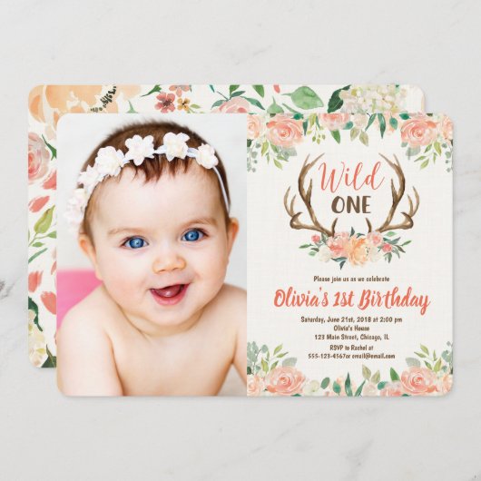 Wild 1. Geburtstag Foto Einladung Hirsche antler (Vorne/Hinten)