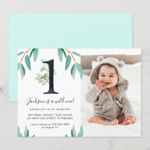 Wild 1. Geburtstag Party Foto Blau Zurück Einladung